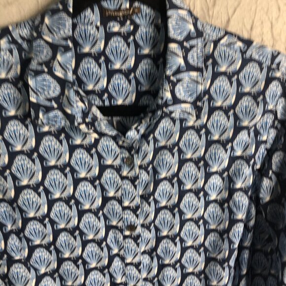 J Mclaughlin Top Womens Medium Blue Peacocks Print All Over Classic Cotton - Picture 9 of 15